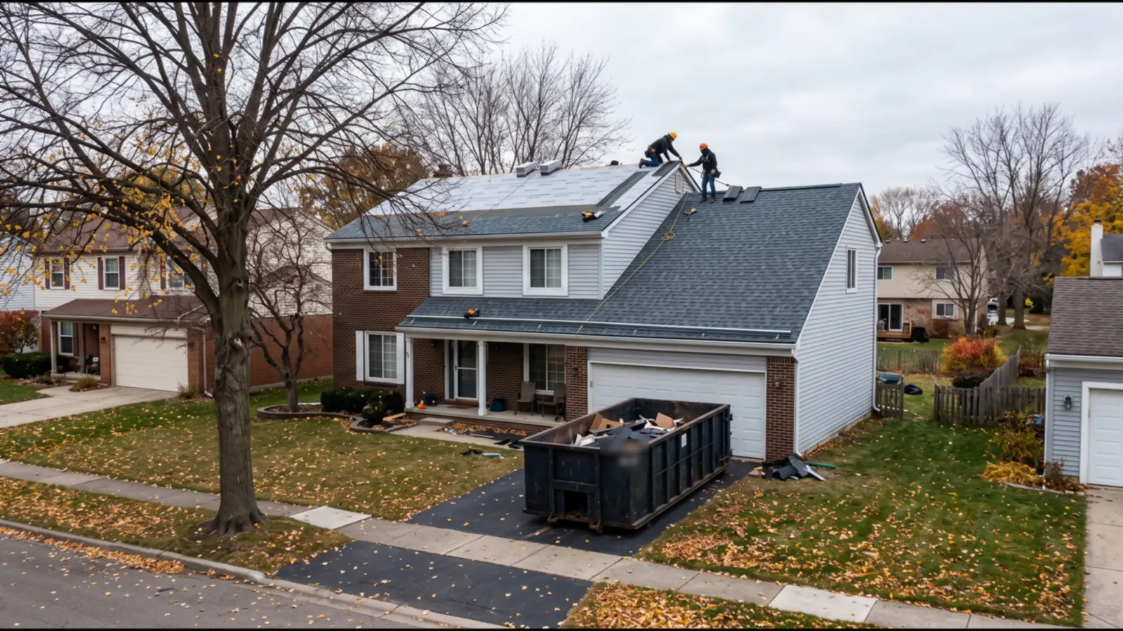 Two-story brick and vinyl colonial mid roof replacement, new slate-gray architectural shingles on the front slope and two roofers in harnesses near the ridge