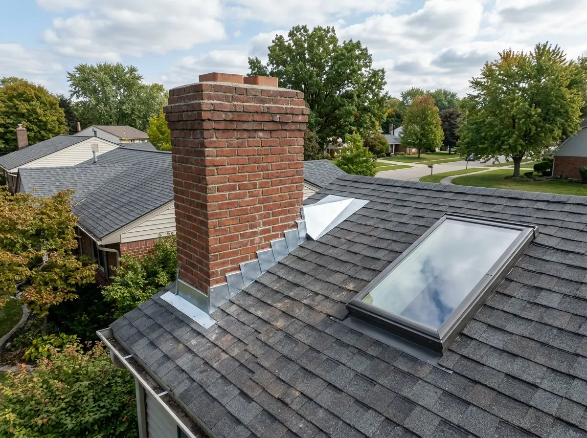Red brick chimney with new step and counter flashing and a small sheet-metal cricket, next to a flashed fixed skylight on a shingle roof