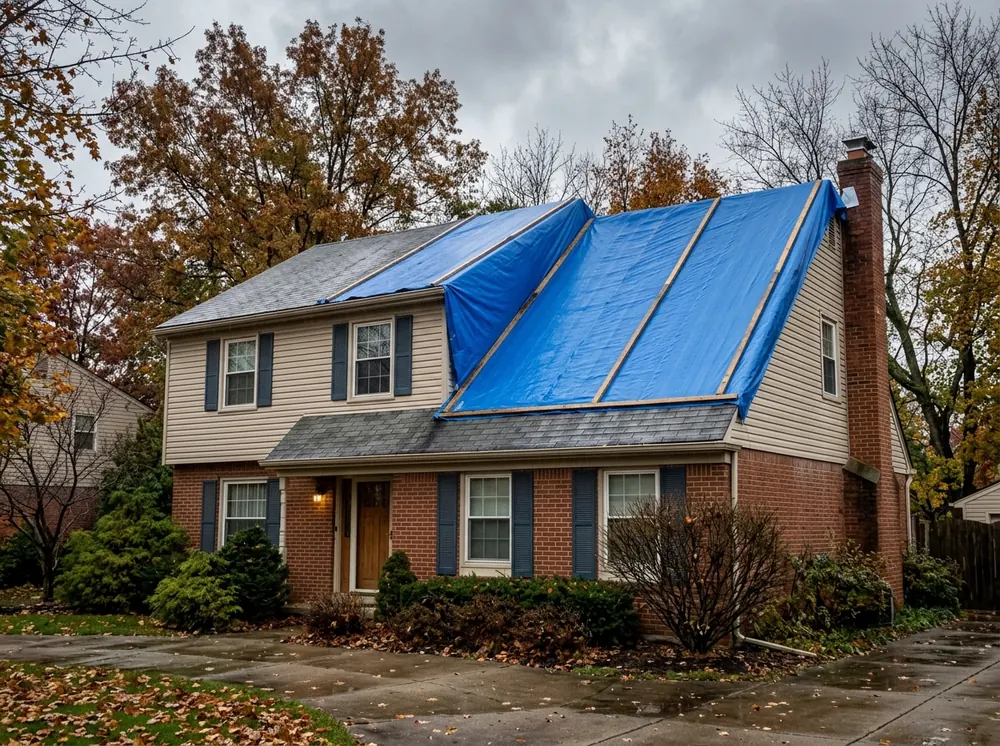 Heavy blue polyethylene tarp held down with wooden battens over a stripped section of a shingle roof, lapped over the ridge