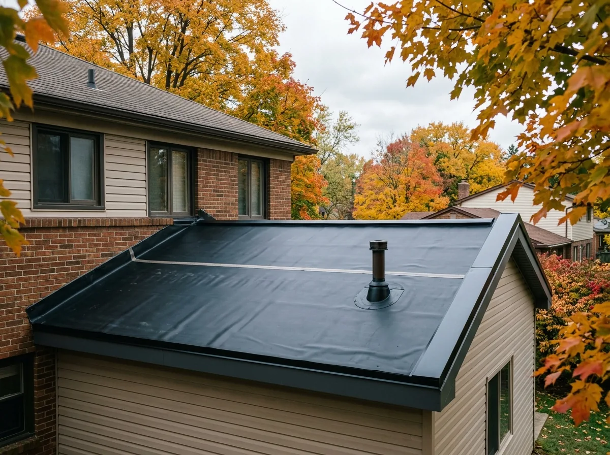 Wide black EPDM rubber membrane on a low-slope rear addition roof with a seam strip and metal drip edge