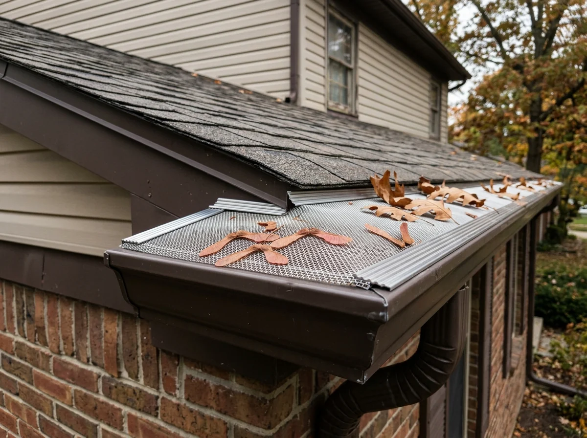 Close view of a stainless steel micro-mesh gutter guard on an aluminum gutter holding dry maple seeds and a few oak leaves