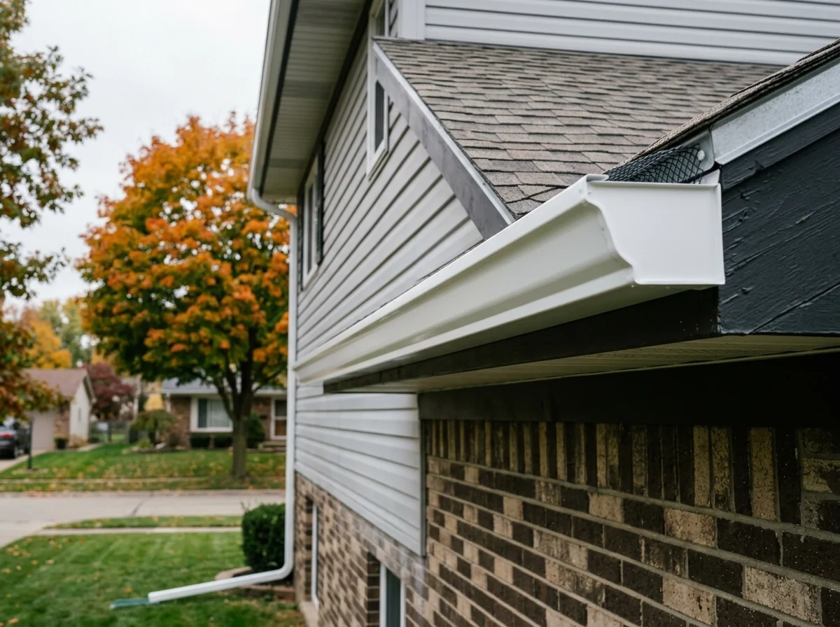 New white 5-inch seamless K-style aluminum gutter with hidden hangers along the eave of a brick and vinyl split-level