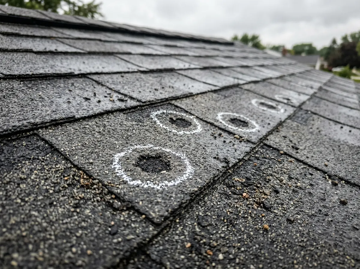 Close view of an asphalt shingle with a dark round hail bruise where granules are missing, circled in white chalk