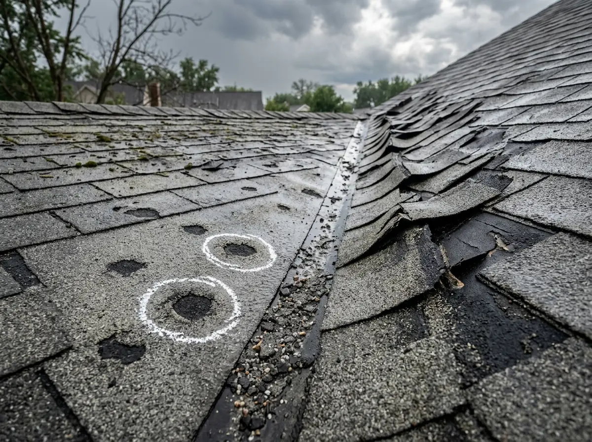 Weathered gray shingles with wind-creased tabs, dark hail bruises circled in chalk and loose granules collected in the valley