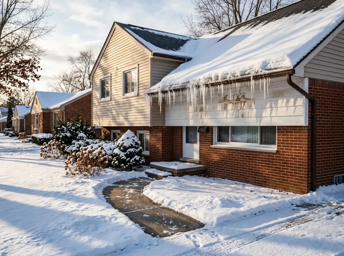 Thick ice ridge and long icicles along the gutter of a snow-covered roof on a brick and siding house, with a meltwater stain on the fascia