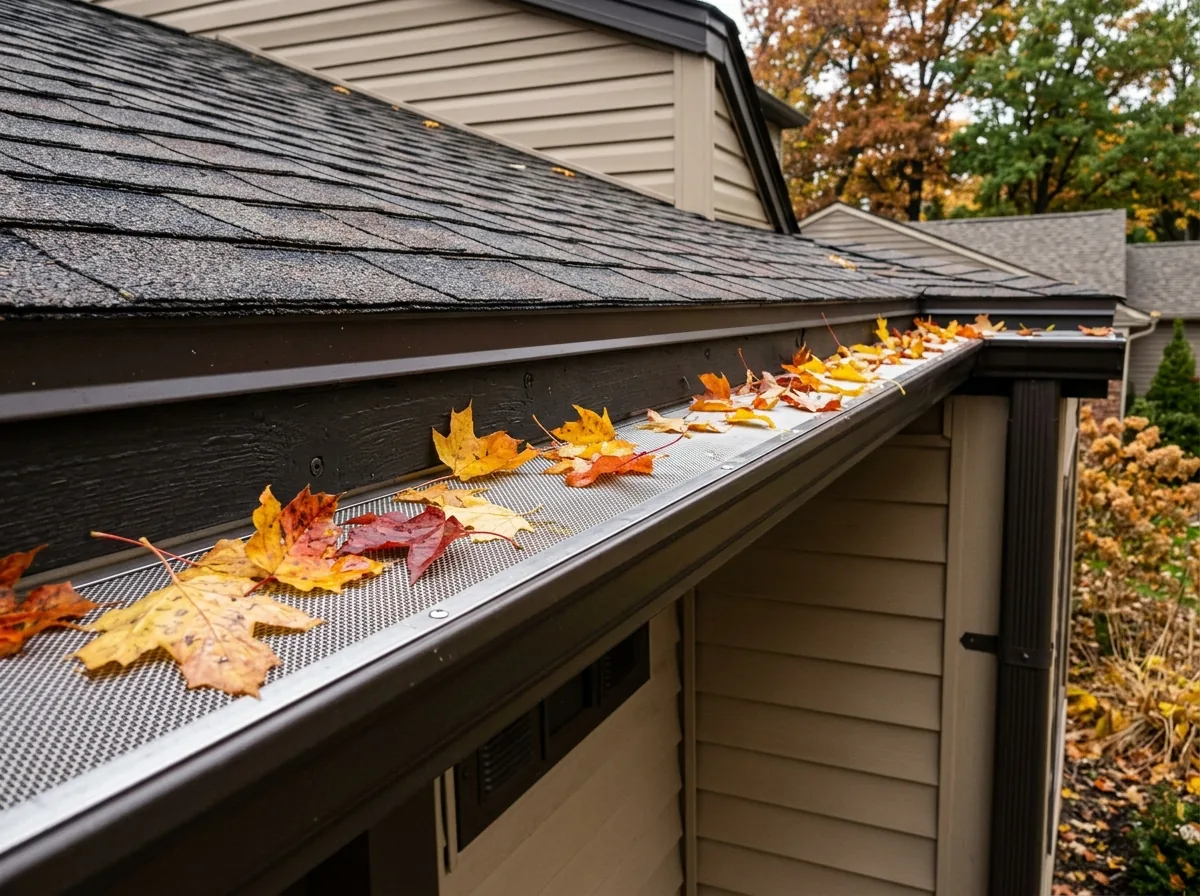 New brown seamless aluminum gutter with a stainless micro-mesh gutter guard holding fallen maple leaves