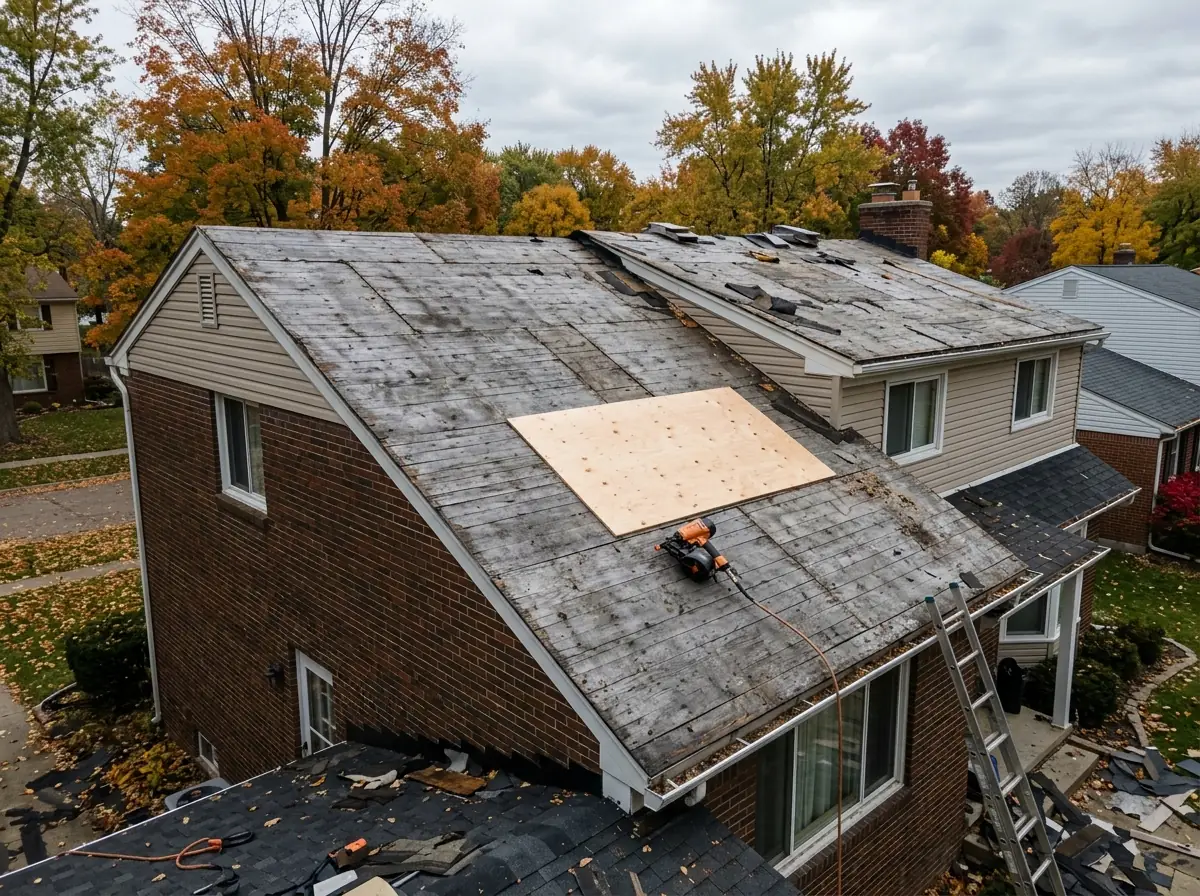 New 4 by 8 plywood sheet nailed into a gap among older weathered roof sheathing during a tear-off