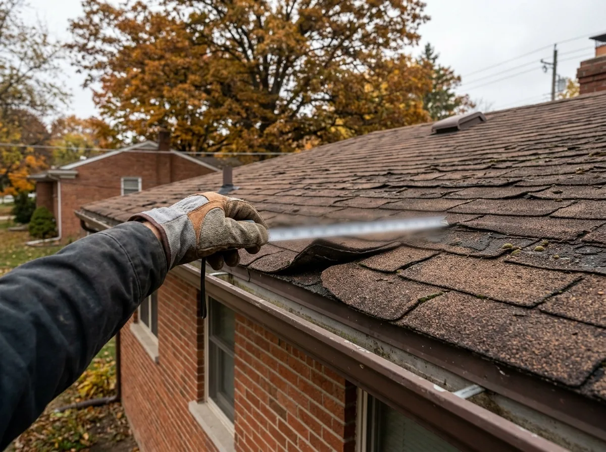 Inspector's gloved hand holding a tape measure against curled asphalt shingle edges on a ranch house roof