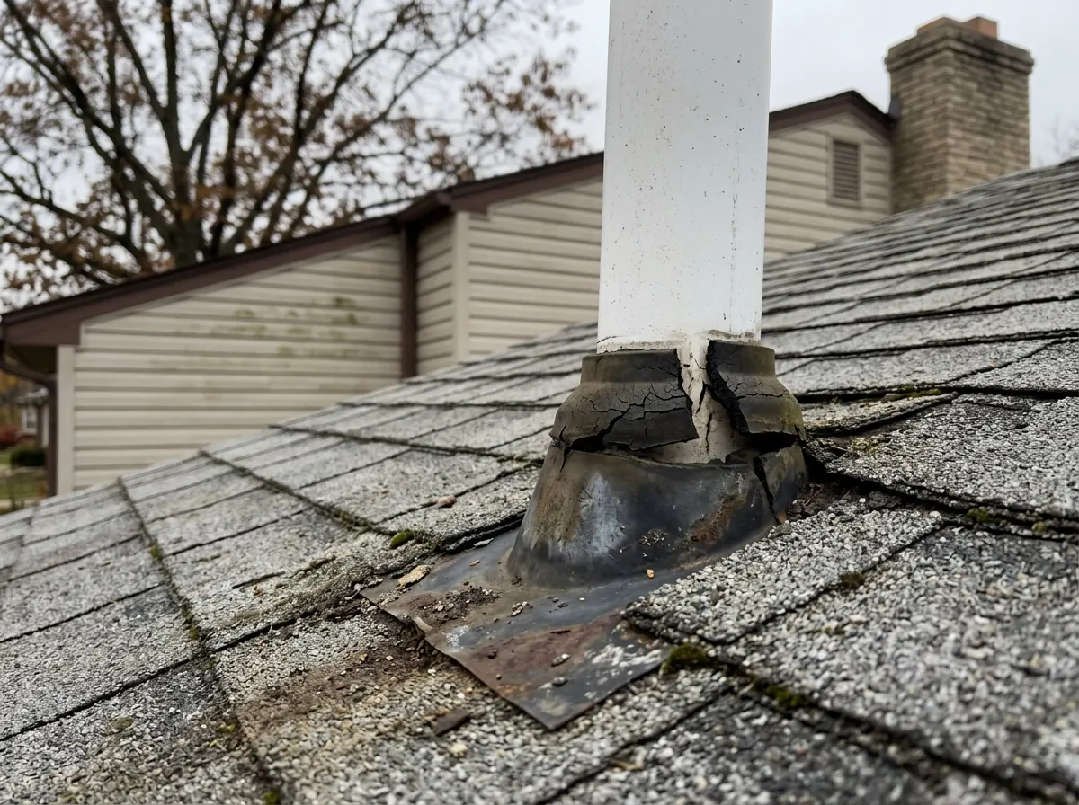 Close view of a split rubber collar on a plumbing vent boot surrounded by weathered gray asphalt shingles