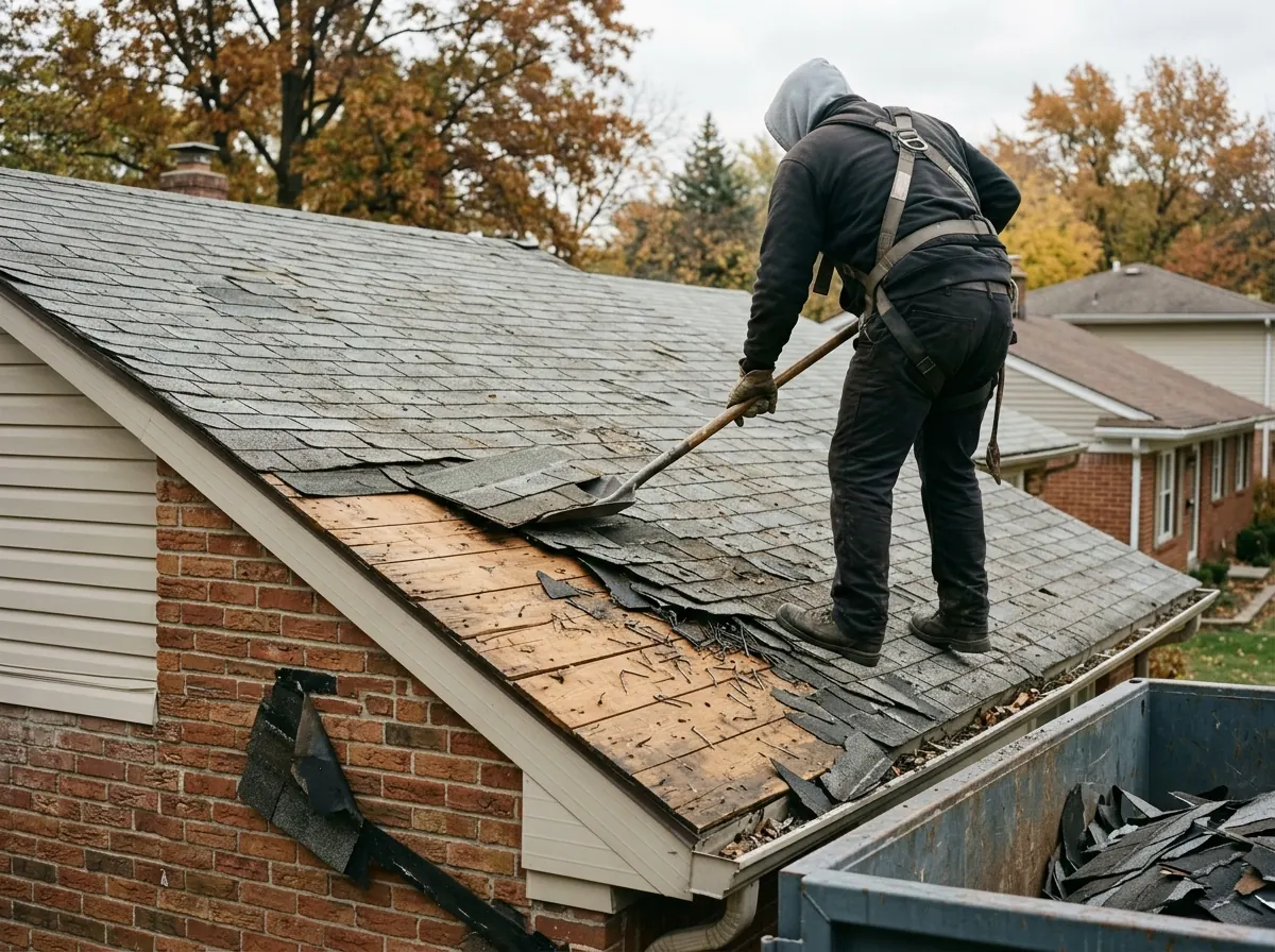 Roofer seen from behind prying two stacked layers of worn asphalt shingles off a wood plank roof deck with a roofing shovel