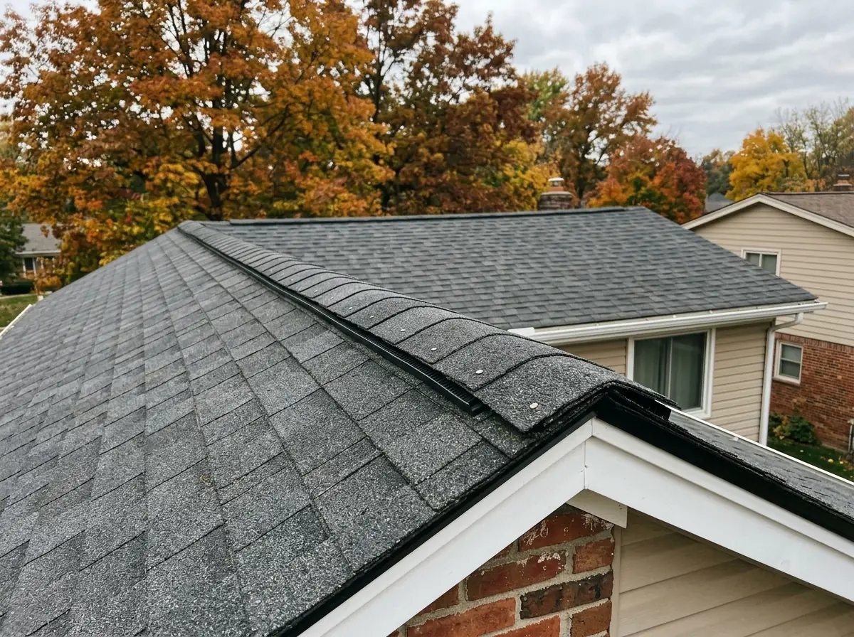 Close view of a shingle-over ridge vent along the peak of an asphalt shingle roof with cap shingles nailed on top