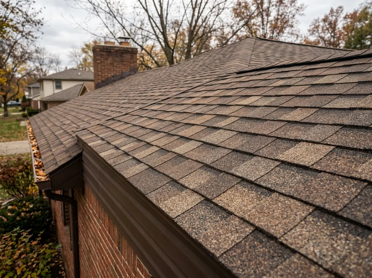 Close view of new laminated architectural shingles in weathered wood brown, showing the layered tabs and deep shadow lines of each course