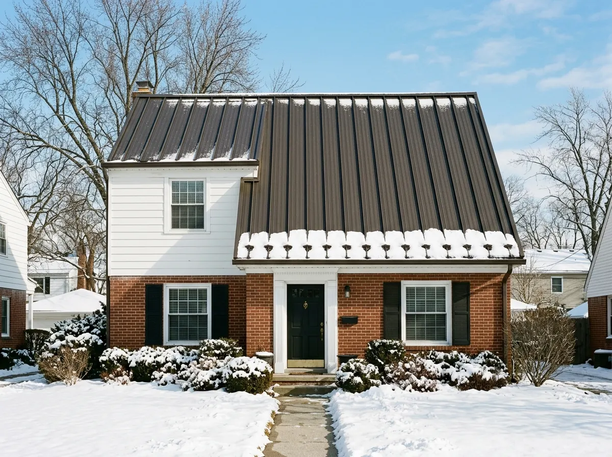 Two-story brick and siding colonial with a dark bronze standing seam metal roof and snow guards, snow on the lawn