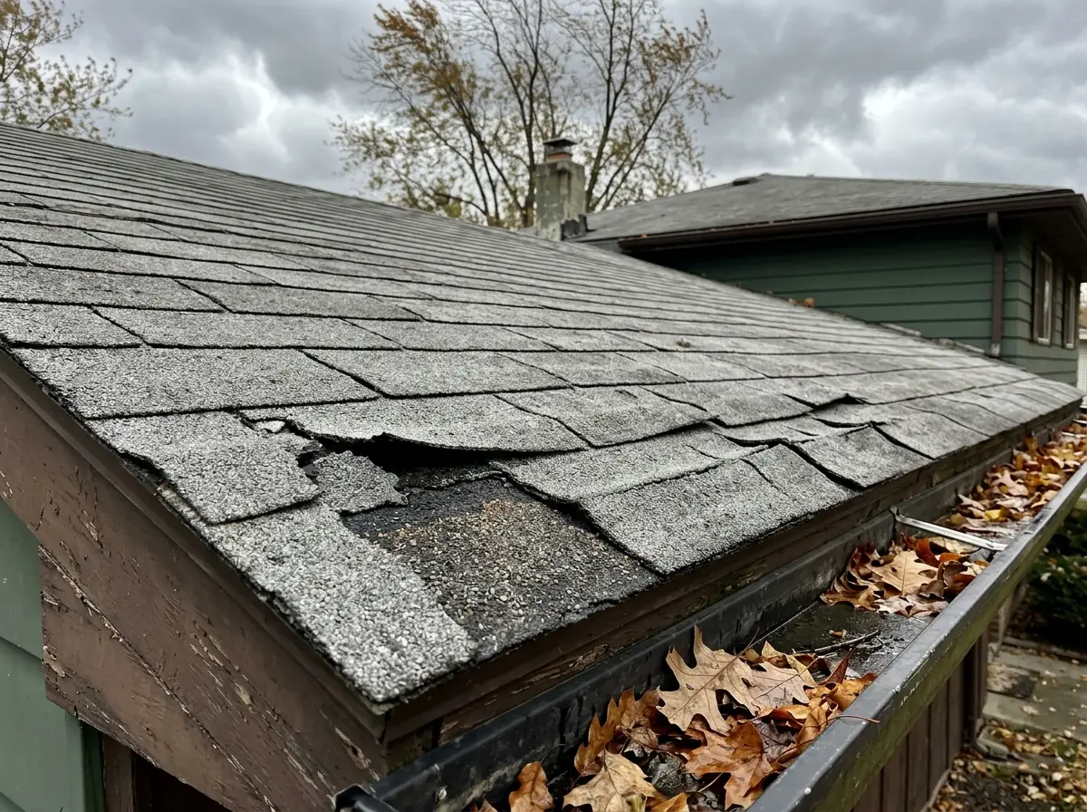 Asphalt shingle tabs with a horizontal crease line across them and one torn tab exposing the shingle below, near a roof eave